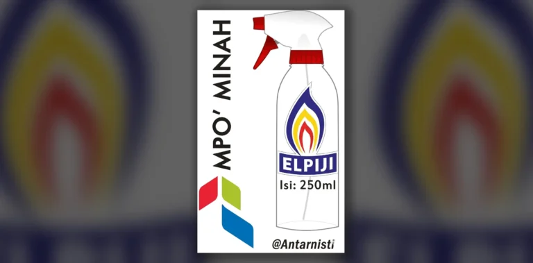 Ilustrasi vektor botol semprot transparan Mpo Minah dengan logo api berwarna-warni dan teks ELPIJI Isi 250ml, dengan logo abstrak merah-hijau-biru di latar belakang putih.
