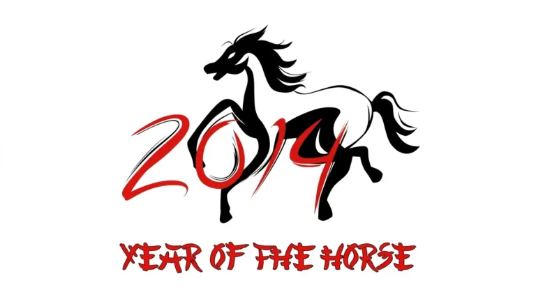 Desain grafis Tahun Kuda 2014 dengan siluet kuda hitam yang elegan dipadukan dengan angka berwarna merah bergaya kaligrafi artistik.