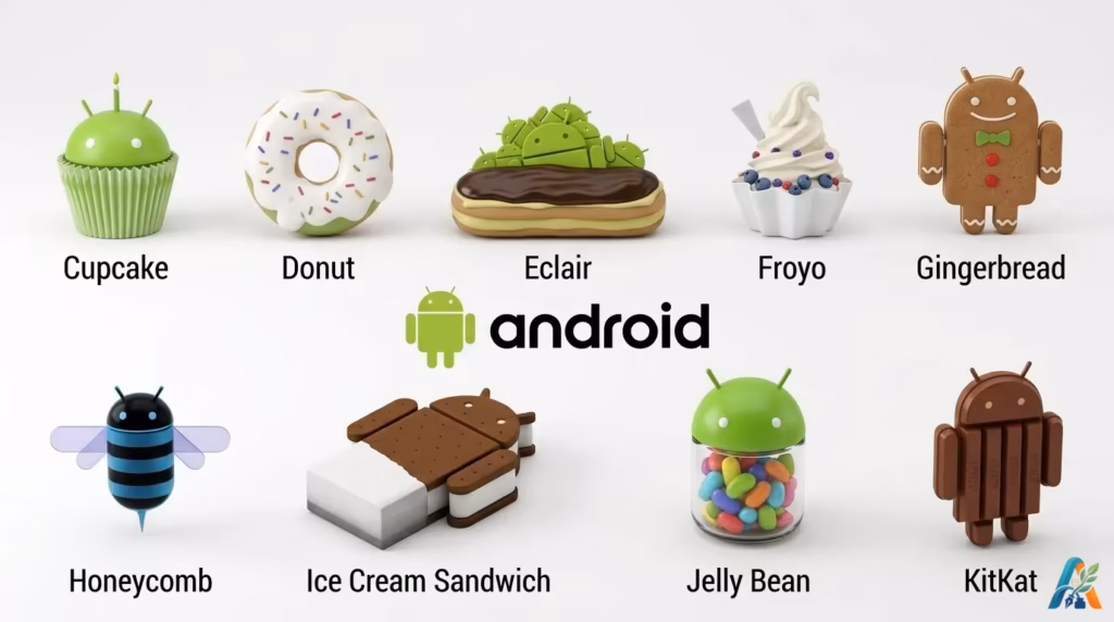 Ilustrasi berbagai maskot versi sistem operasi Android yang terinspirasi dari nama makanan manis dan camilan ikonik, mulai dari Cupcake hingga KitKat.