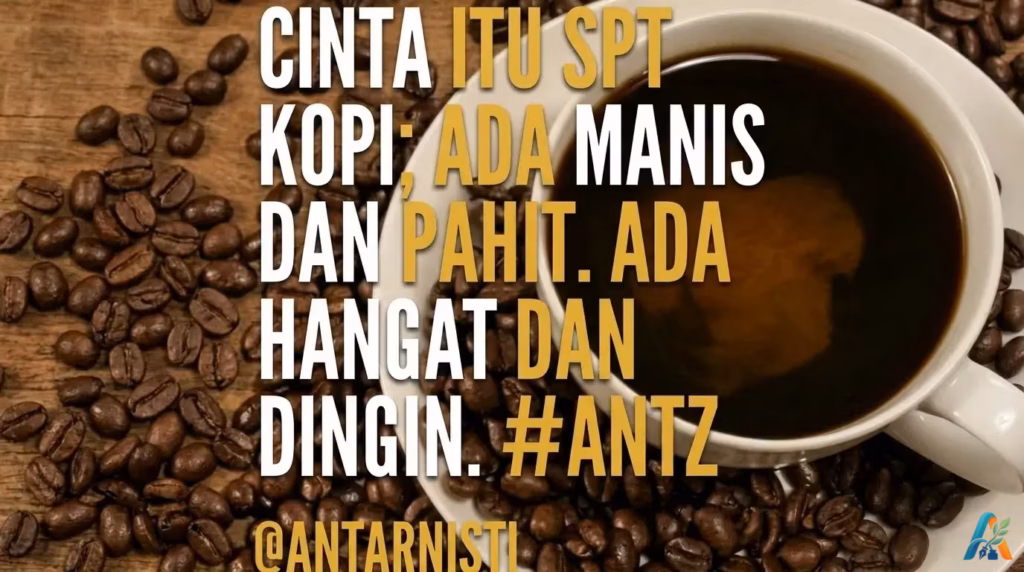 Kutipan romantis tentang cinta yang diibaratkan seperti secangkir kopi, dengan latar belakang biji kopi dan secangkir kopi hangat yang estetik.
