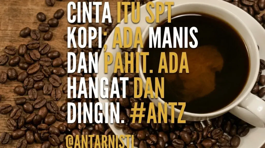 Kutipan romantis tentang cinta yang diibaratkan seperti secangkir kopi, dengan latar belakang biji kopi dan secangkir kopi hangat yang estetik.