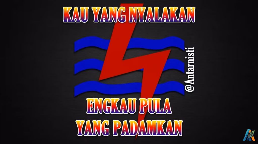 Kutipan puitis tentang hubungan emosional dengan simbol petir dan gelombang air, karya Antarnisti, dengan gaya desain grafis yang kontras dan tegas.