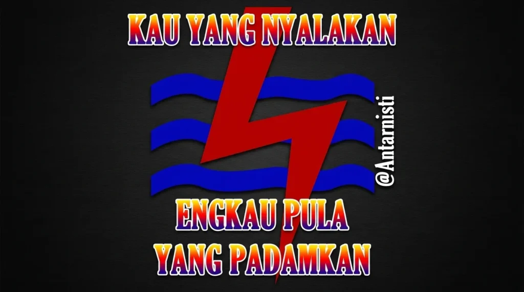 Kutipan puitis tentang hubungan emosional dengan simbol petir dan gelombang air, karya Antarnisti, dengan gaya desain grafis yang kontras dan tegas.