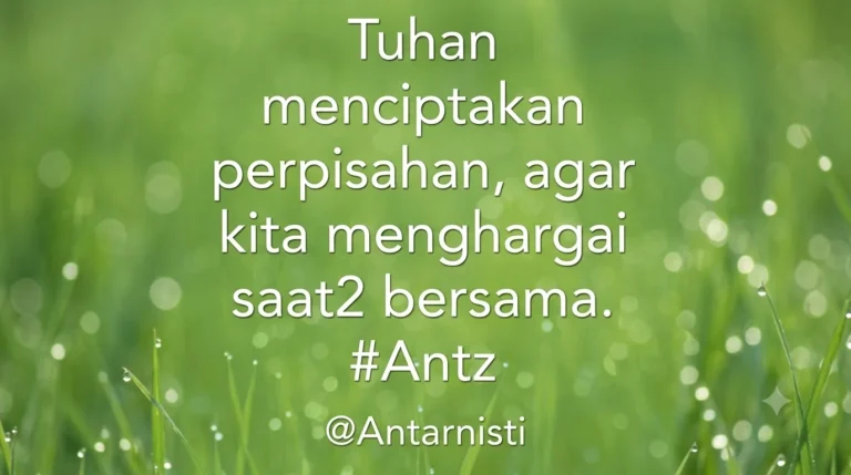 Kutipan filosofis tentang menghargai kebersamaan di tengah perpisahan, karya Antarnisti, dengan latar belakang dedaunan hijau yang segar dan embun.