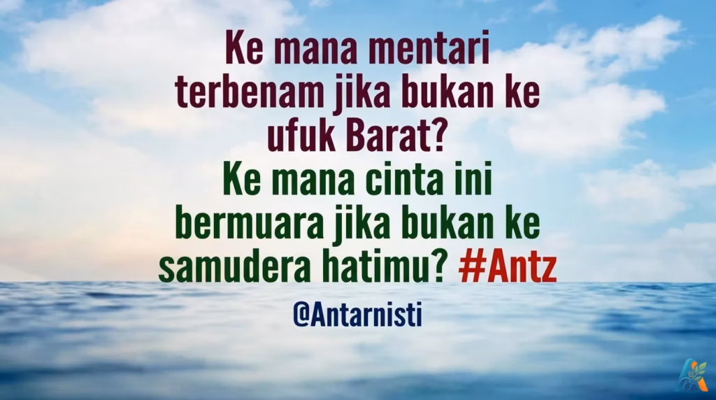 Kutipan filosofis tentang arah kehidupan dengan ilustrasi pemandangan laut yang tenang dan langit senja yang dramatis.