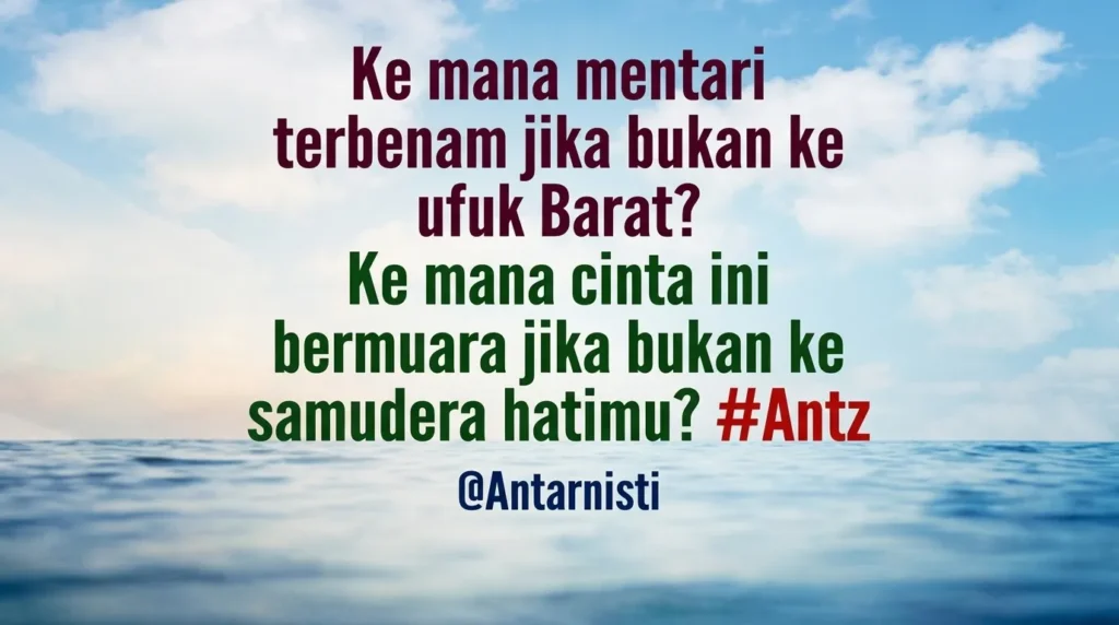 Kutipan filosofis tentang arah kehidupan dengan ilustrasi pemandangan laut yang tenang dan langit senja yang dramatis.