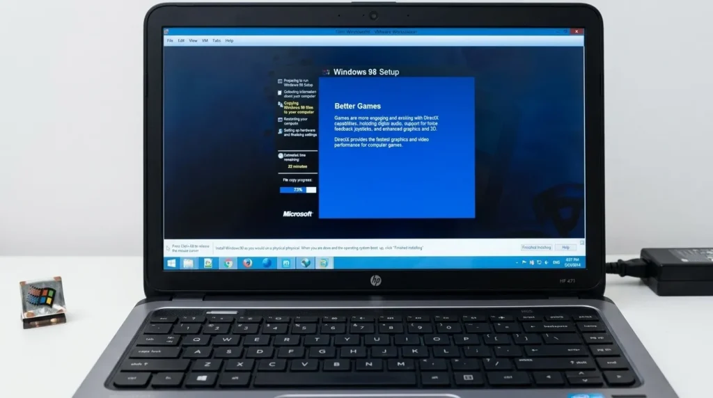 Layar laptop modern menampilkan proses instalasi sistem operasi klasik Windows 98 melalui mesin virtual dengan latar belakang biru khas.