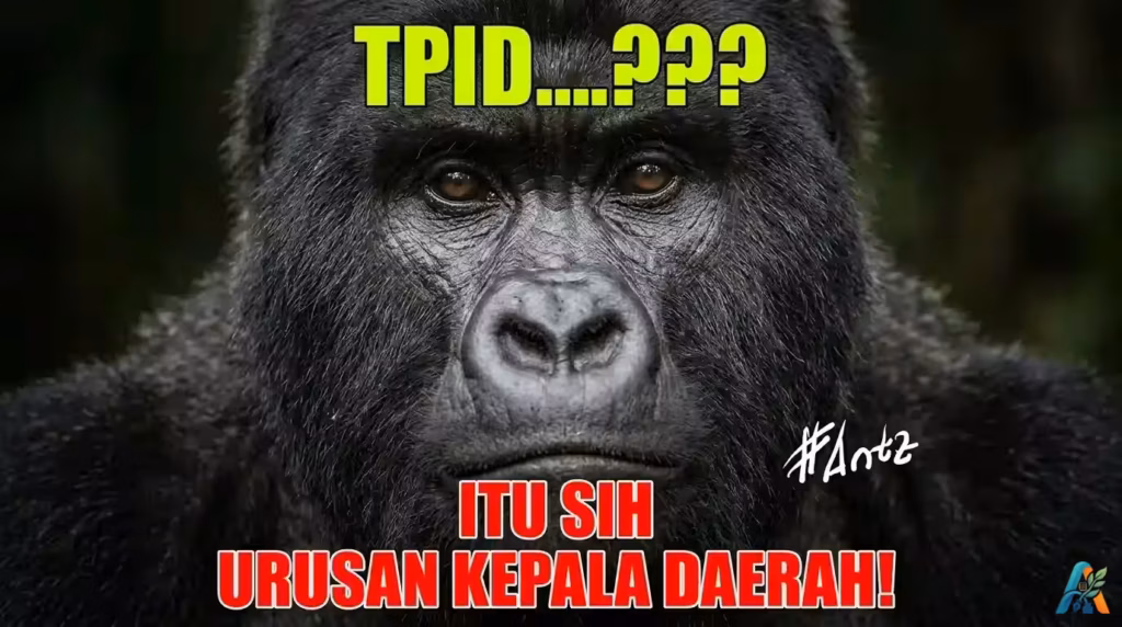 Meme gorilla menanyakan "TPID" dengan teks satir tentang urusan Kepala Daerah, referensi Tim Pengendalian Inflasi Daerah.
