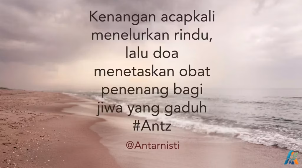 Kutipan motivasi tentang ketenangan jiwa karya Antarnisti, dengan latar belakang pemandangan alam estetik yang menyejukkan hati dan pikiran.