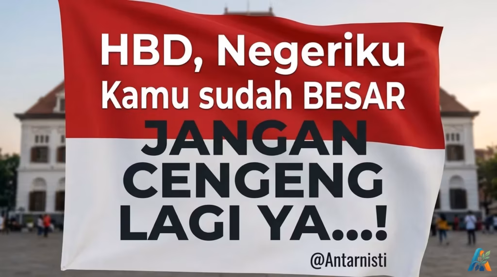 Ucapan selamat ulang tahun unik untuk Indonesia dengan teks bernada satir di atas latar belakang bendera merah putih yang berkibar.
