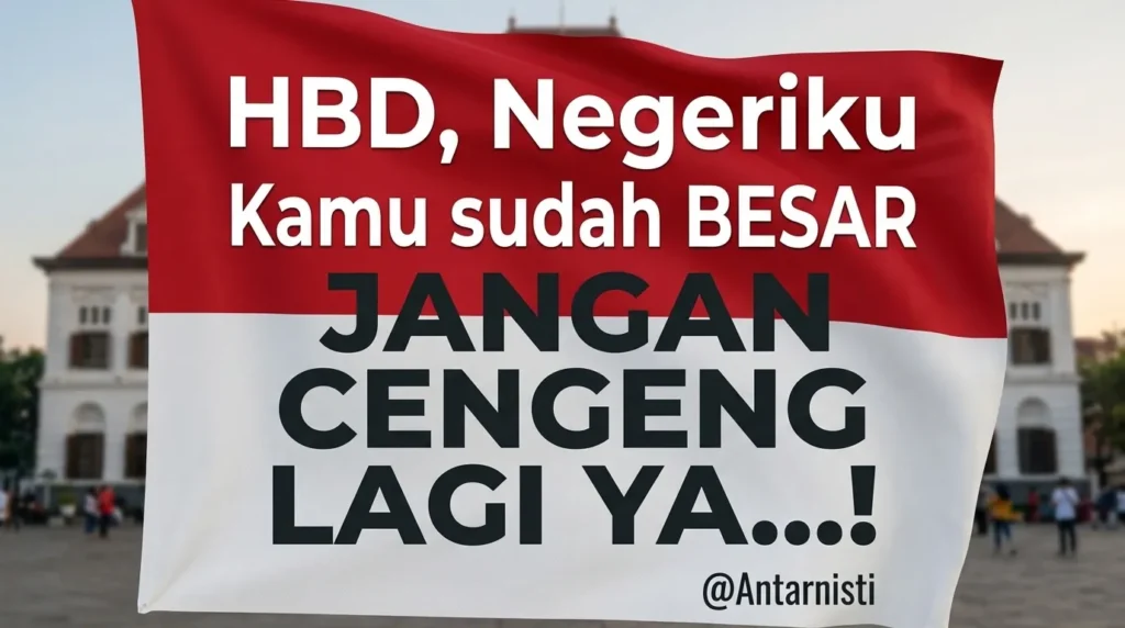 Ucapan selamat ulang tahun unik untuk Indonesia dengan teks bernada satir di atas latar belakang bendera merah putih yang berkibar.