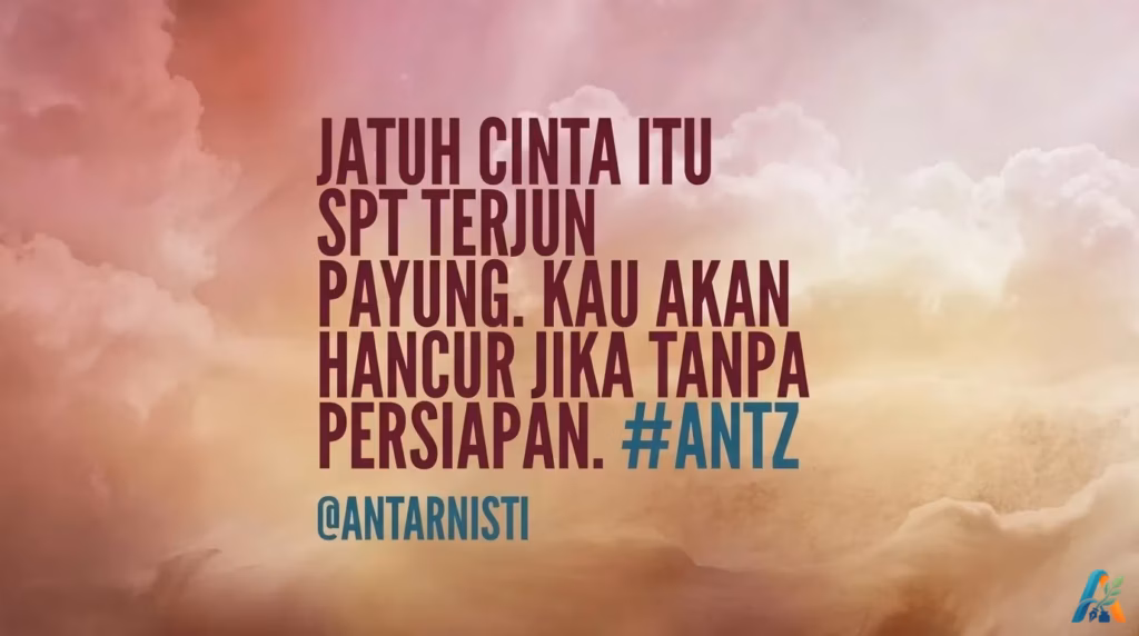 Kutipan bijak tentang risiko jatuh cinta dengan ilustrasi latar belakang awan yang estetik dan bernuansa hangat.