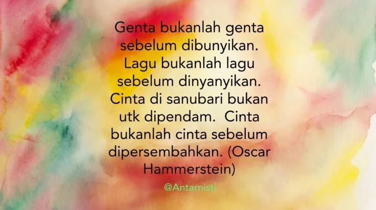 Kutipan puitis Oscar Hammerstein tentang makna cinta di atas latar belakang cat air berwarna-warni yang artistik dan estetik.