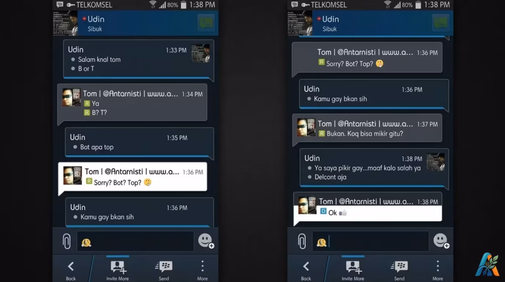 Tangkapan layar percakapan aplikasi pesan instan yang menunjukkan kesalahpahaman antara dua pengguna mengenai orientasi seksual.