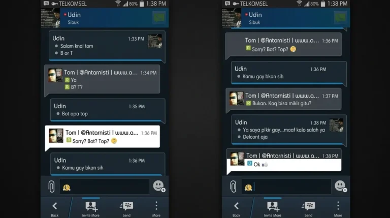 Tangkapan layar percakapan aplikasi pesan instan yang menunjukkan kesalahpahaman antara dua pengguna mengenai orientasi seksual.