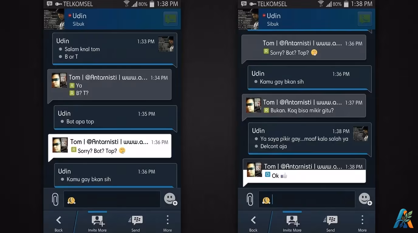 Tangkapan layar percakapan aplikasi pesan instan yang menunjukkan kesalahpahaman antara dua pengguna mengenai orientasi seksual.