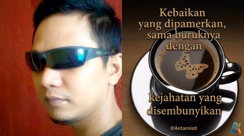 Kutipan motivasi tentang etika moral dengan ilustrasi wajah pria berkacamata hitam dan secangkir kopi dengan pola kupu-kupu di atasnya.