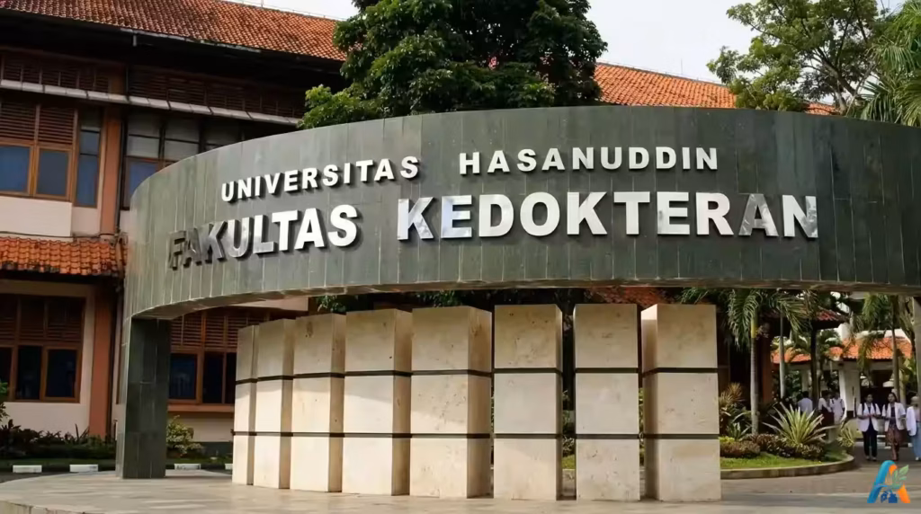Papan nama megah Fakultas Kedokteran Universitas Hasanuddin Makassar dengan struktur batu alam yang ikonik di area kampus.