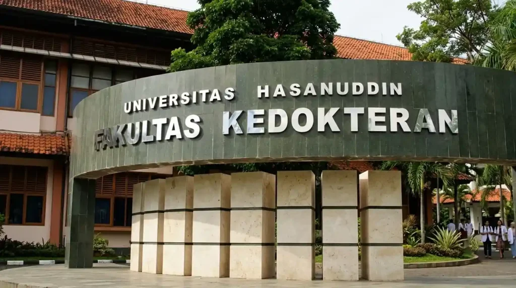 Papan nama megah Fakultas Kedokteran Universitas Hasanuddin Makassar dengan struktur batu alam yang ikonik di area kampus.