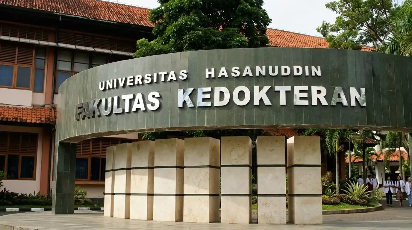 Papan nama megah Fakultas Kedokteran Universitas Hasanuddin Makassar dengan struktur batu alam yang ikonik di area kampus.