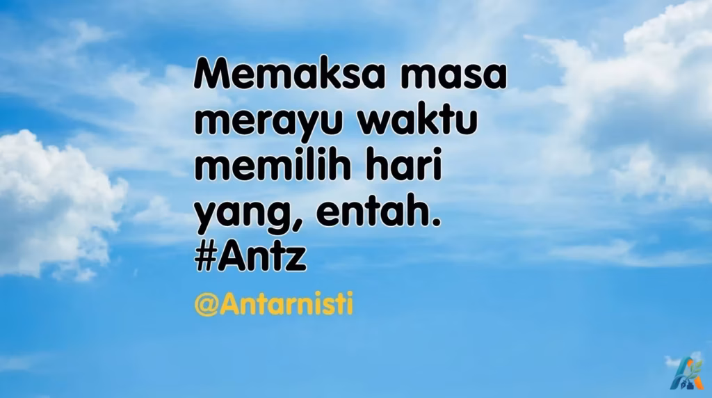 Kutipan filosofis tentang waktu dan masa dengan latar belakang pemandangan langit biru cerah yang menenangkan.