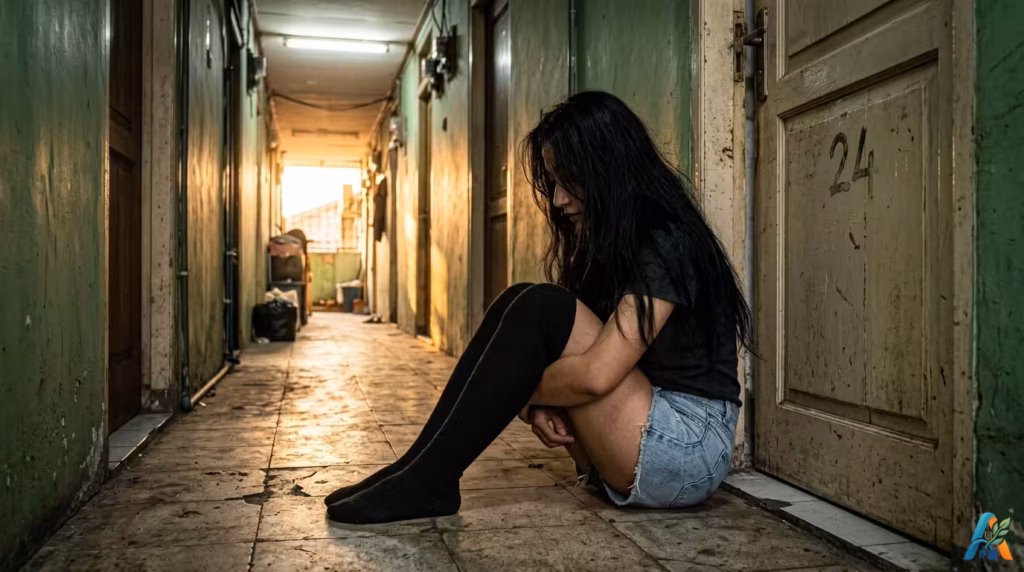 Seorang wanita berambut panjang duduk meringkuk di koridor depan pintu nomor 24 sebuah rumah kos sederhana saat sore hari.