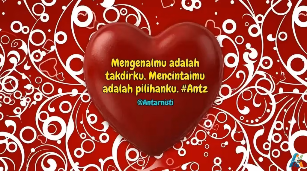 Kutipan cinta romantis "Mencintaimu adalah pilihanku" di tengah ikon hati 3D besar dengan latar belakang pola dekoratif berwarna merah yang elegan.
