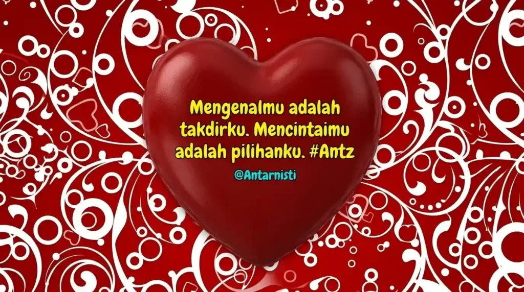 Kutipan cinta romantis "Mencintaimu adalah pilihanku" di tengah ikon hati 3D besar dengan latar belakang pola dekoratif berwarna merah yang elegan.