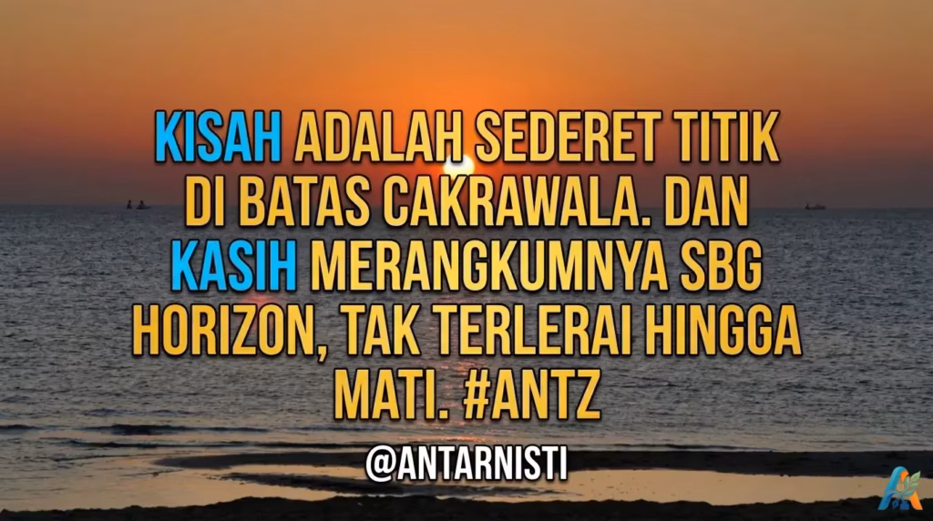 Kutipan filosofis tentang kasih abadi dengan latar belakang pemandangan matahari terbenam di ufuk laut yang tenang dan dramatis.
