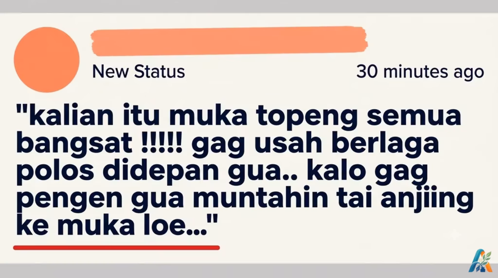 Tangkapan layar status media sosial yang berisi ekspresi kekesalan dan kemarahan seseorang terhadap orang lain yang dianggap bermuka dua.