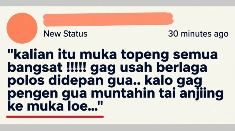 Tangkapan layar status media sosial yang berisi ekspresi kekesalan dan kemarahan seseorang terhadap orang lain yang dianggap bermuka dua.