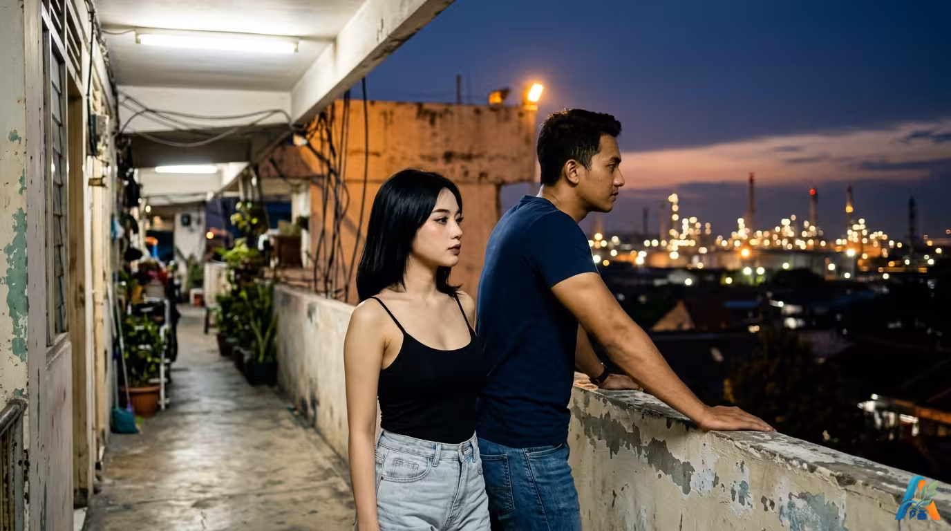 Nadya dan Tirta berdiri berdampingan di koridor rumah sewa sambil memandang kerlip lampu pabrik di kejauhan saat malam hari.