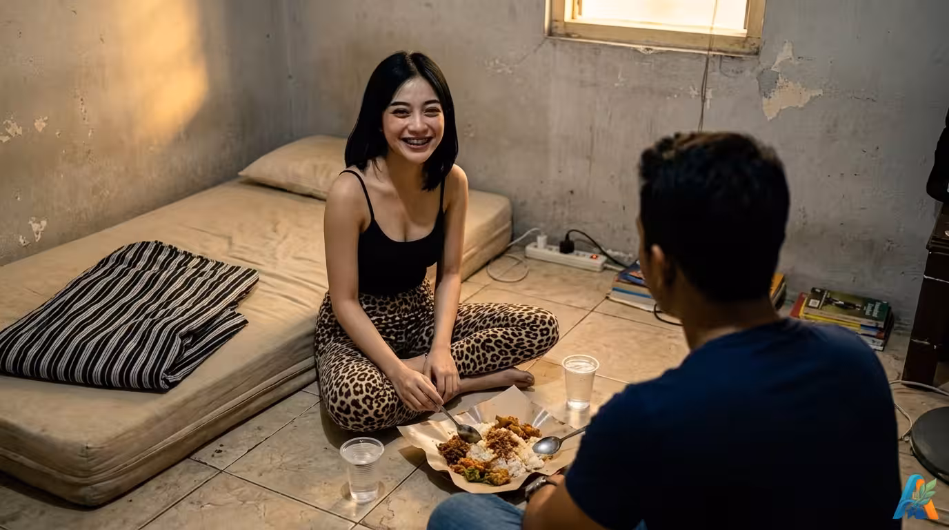 Nadya tersenyum pamer behel saat makan nasi uduk bersama Tirta yang membelakangi kamera di lantai kamar kos sederhana dekat kasur busa.