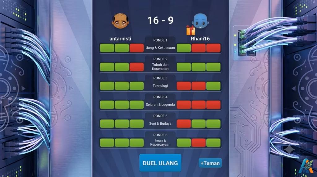 Layar hasil akhir permainan kuis Duel Otak antara dua pemain, menunjukkan skor akhir dan ringkasan jawaban benar atau salah di setiap ronde.