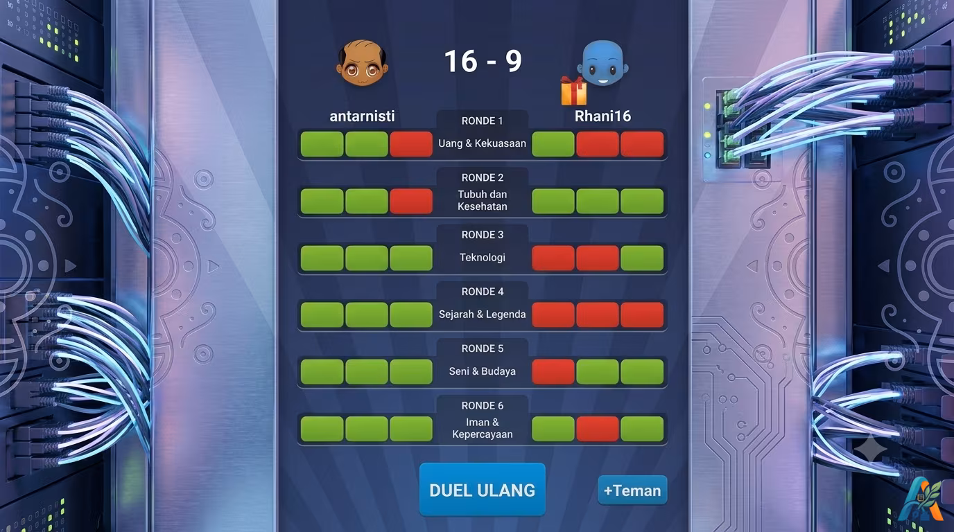 Layar hasil akhir permainan kuis Duel Otak antara dua pemain, menunjukkan skor akhir dan ringkasan jawaban benar atau salah di setiap ronde.