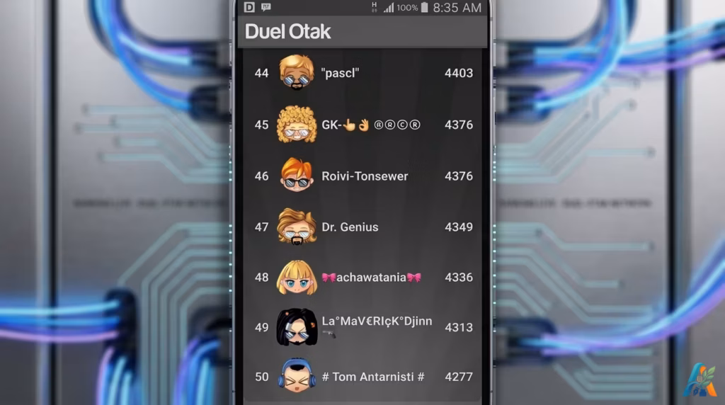 Tangkapan layar papan peringkat bawah (posisi 44-50) pada mode Klasik dalam game Duel Otak, menampilkan daftar pemain dan perolehan skor mereka.