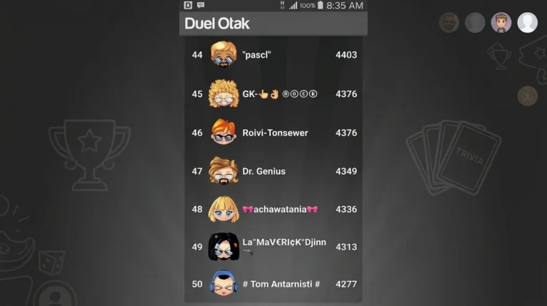 Tangkapan layar papan peringkat bawah (posisi 44-50) pada mode Klasik dalam game Duel Otak, menampilkan daftar pemain dan perolehan skor mereka.