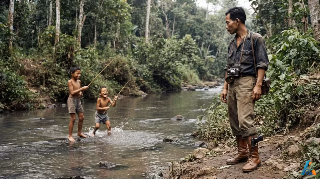Seorang pria dengan kamera dan pistol di pinggir sungai memperhatikan dua anak kecil yang sedang asyik memancing di tengah hutan.