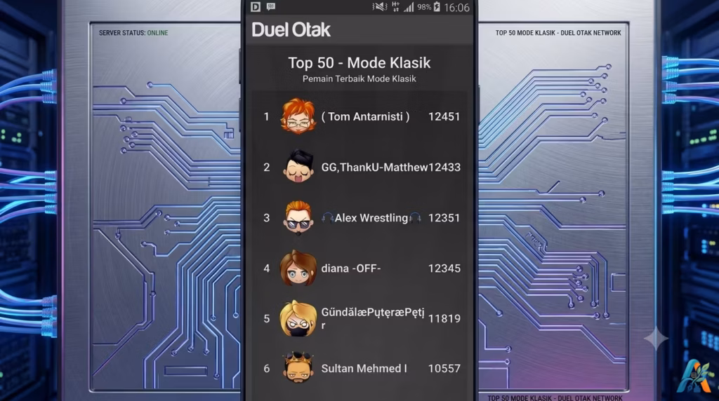 Tampilan papan peringkat pemain terbaik (capolista) dalam game Duel Otak, menunjukkan daftar pemain dengan skor tertinggi di mode Klasik.