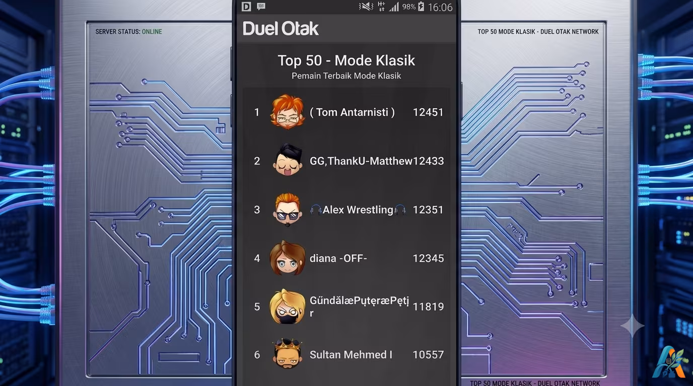 Tampilan papan peringkat pemain terbaik (capolista) dalam game Duel Otak, menunjukkan daftar pemain dengan skor tertinggi di mode Klasik.