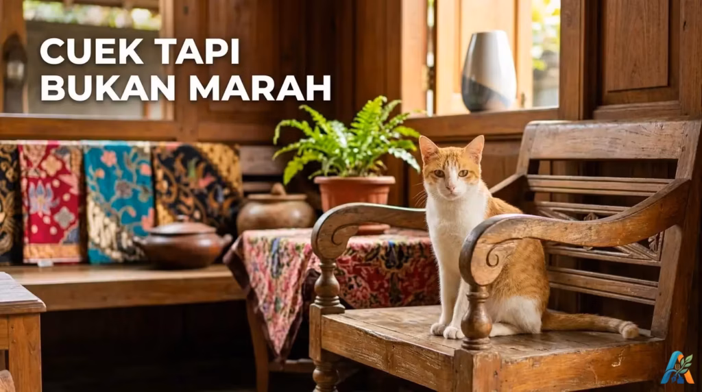 Seekor kucing dengan tatapan dingin dan angkuh di jendela rumah tropis Indonesia, melambangkan perilaku misterius kucing.