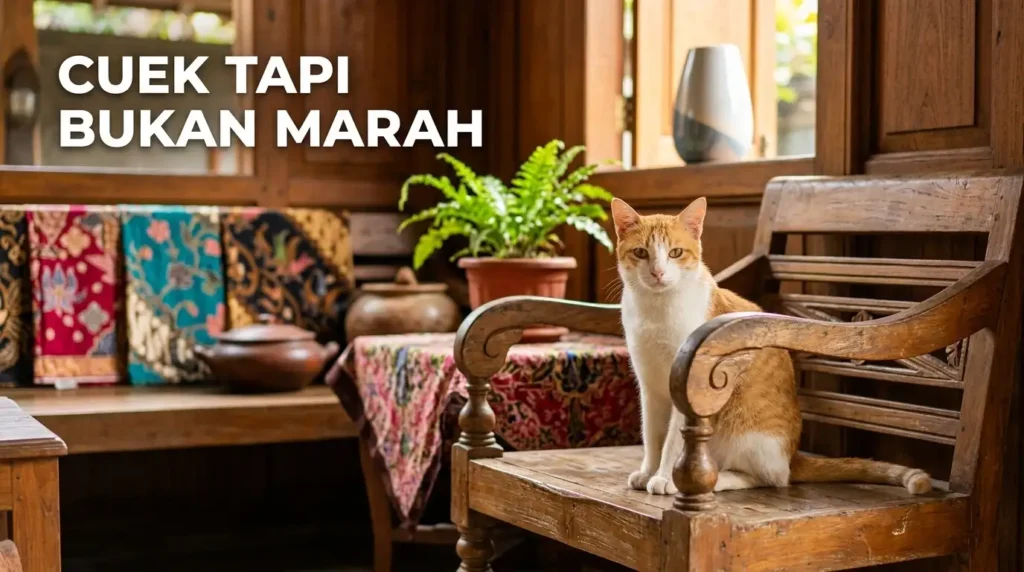 Seekor kucing dengan tatapan dingin dan angkuh di jendela rumah tropis Indonesia, melambangkan perilaku misterius kucing.