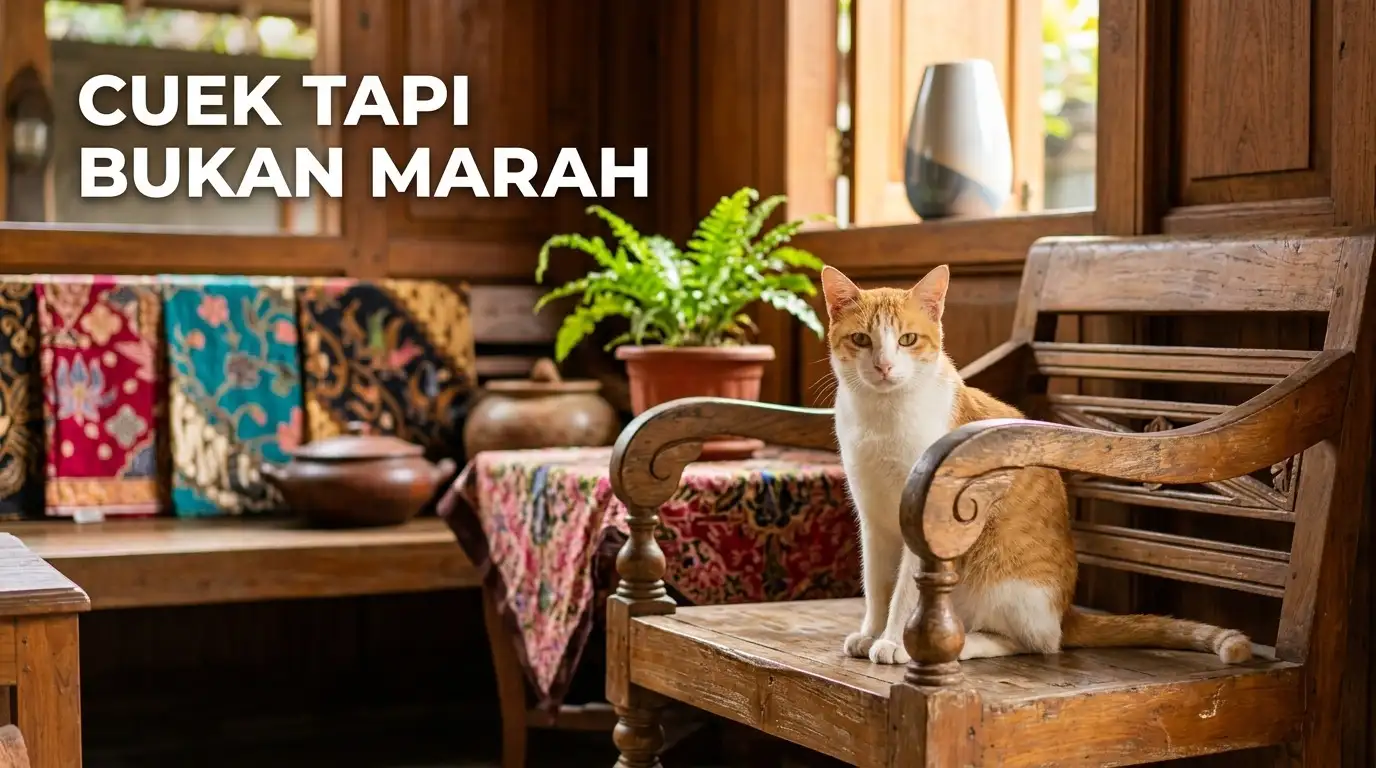 Seekor kucing dengan tatapan dingin dan angkuh di jendela rumah tropis Indonesia, melambangkan perilaku misterius kucing.