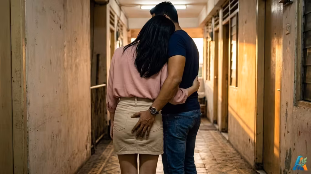 Nadya membelakangi kamera bersandar pada Tirta di koridor kosan, tangan Tirta meremas pantat Nadya yang mengenakan rok mini denim beige.