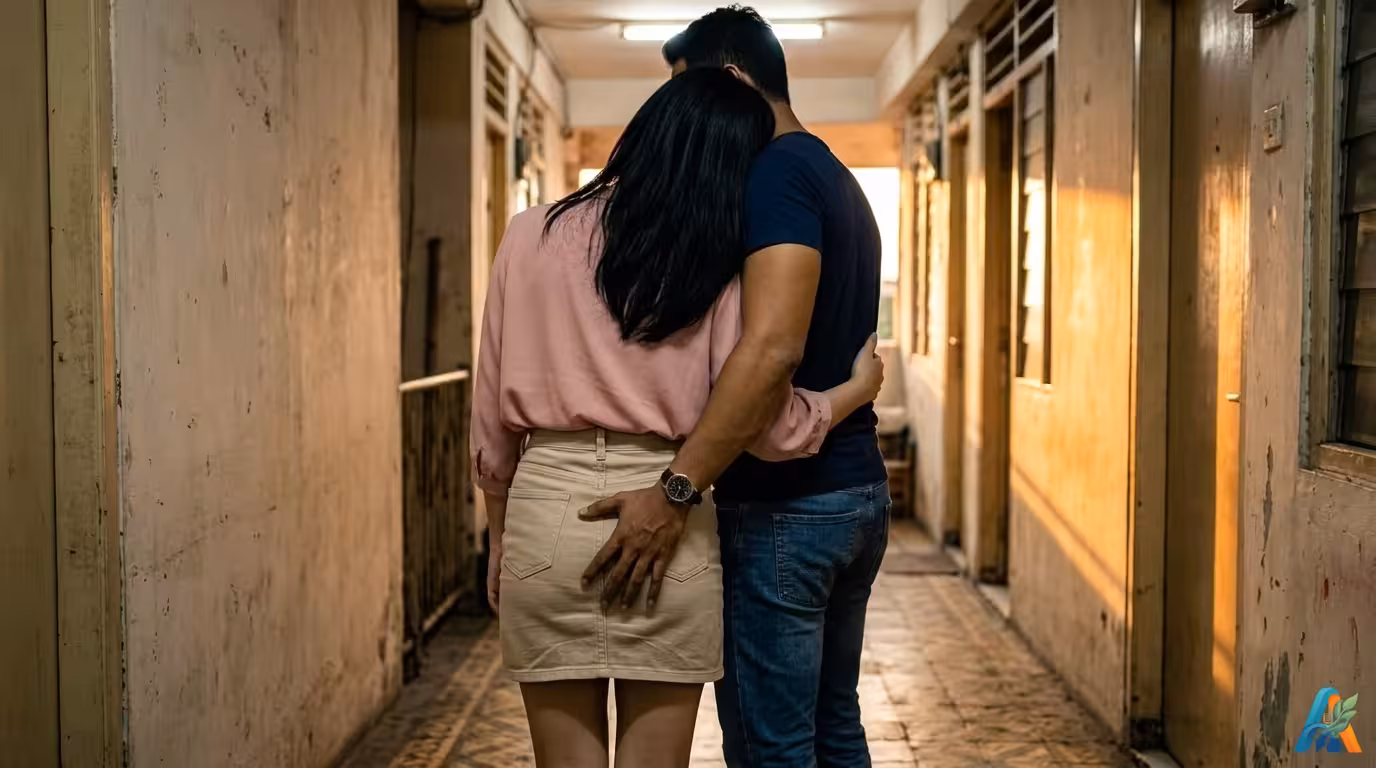 Nadya membelakangi kamera bersandar pada Tirta di koridor kosan, tangan Tirta meremas pantat Nadya yang mengenakan rok mini denim beige.