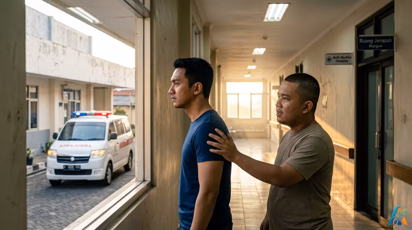 Tirta memandang sedih mobil ambulans yang pergi, sementara Jaka yang bertubuh agak gendut menepuk punggungnya di koridor Rumah Sakit Asih Medika.