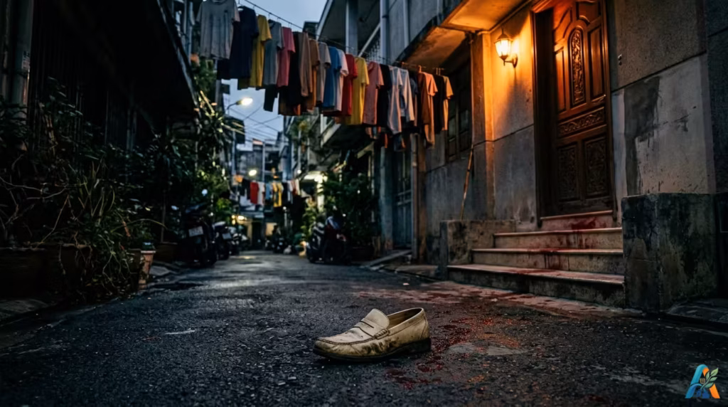 Pemandangan gang sempit Asia Tenggara malam hari yang gelap dan basah, dengan satu sepatu loafer tergeletak di tengah genangan air, dan jemuran pakaian.