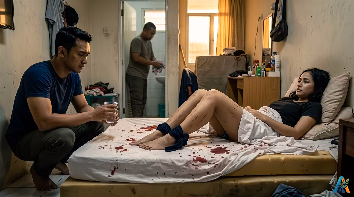 Listy terbaring di kasur bernoda merah dengan kaki terikat, sementara Tirta memegang gelas dan Jaka berdiri di depan pintu kamar mandi blur.