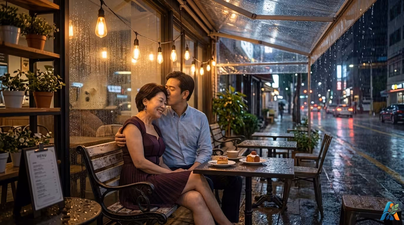 Pasangan beda usia, pria muda dan wanita dewasa, menikmati kencan romantis di kafe outdoor saat malam hari.