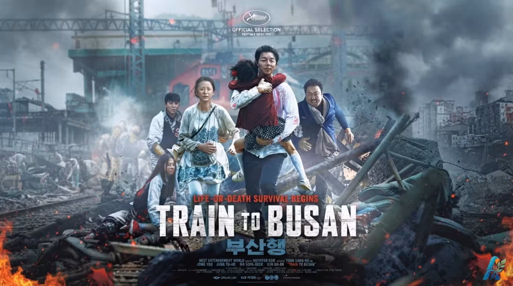 Poster film Train to Busan menampilkan Gong Yoo, Jung Yu-mi, dan Ma Dong-seok berlari di tengah kekacauan kereta.